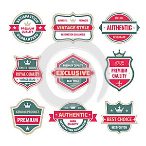 Business badges vector set in retro design style. Abstract logo. Premium quality. Satisfaction guaranteed. Best brand. Genuine
