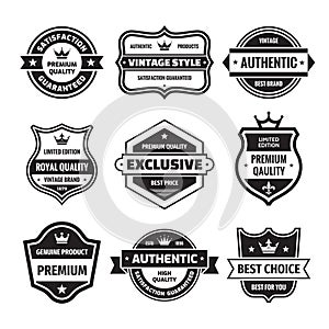 Business badges vector set in retro design style. Abstract logo. Premium quality. Satisfaction guaranteed. Best brand. Genuine