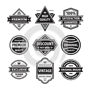 Business badges vector set in retro design style. Abstract logo. Premium quality. Satisfaction guaranteed. Original, vintage