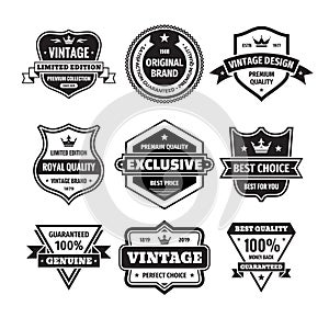 Business badges vector set in retro design style. Abstract logo. Premium quality. Satisfaction guaranteed. Vintage style.