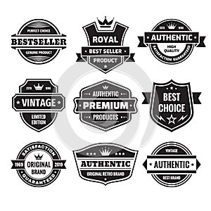 Business badges vector set in retro design style. Abstract logo. Premium quality. Satisfaction guaranteed. Vintage style.