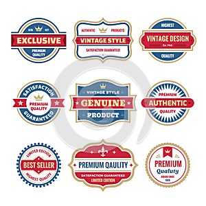Business badges vector set in retro design style. Abstract logo. Premium quality. Satisfaction guaranteed. Vintage style.