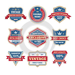 Business badges vector set in retro design style. Abstract logo. Premium quality. Satisfaction guaranteed. Vintage style.