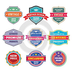 Business badges vector set in retro vintage design style. Abstract logo. Premium quality. Satisfaction guaranteed. Original brand.