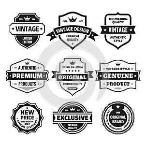 Business badges vector set in retro vintage design style. Abstract logo. Premium quality. Satisfaction guaranteed. Original brand.