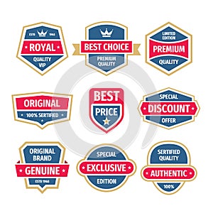 Business badges vector set in vintage design style. Abstract logo. Premium quality. Genuine authentic product. Best seller. Specia