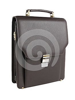 Business bag or case in dark brown leather. Isolated on white