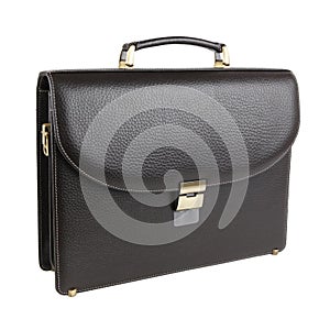 Business bag or case in dark brown leather. Isolated on white