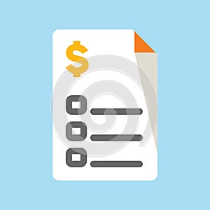 Business, Banking and Finance icon, folded checklist file document with dollar currency flat vector