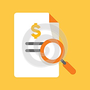Business, Banking and Finance icon, folded file document with dollar currency and magnifier glass