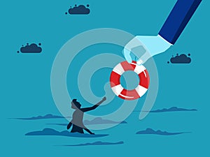 Business bankruptcy assistance concept. businessman on a paper boat and rescues a drowning man