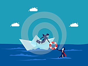 Business bankruptcy assistance concept. businessman on a paper boat and rescues a drowning man