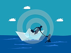 Business bankruptcy assistance concept. businessman on a paper boat and rescues a drowning man