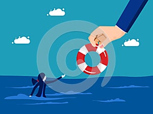 Business bankruptcy assistance concept. businessman on a paper boat and rescues a drowning woman