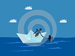 Business bankruptcy assistance concept. businesswoman on a paper boat and rescues a drowning woman