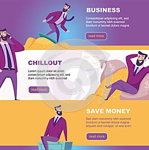 Business banners. happy businessmen relaxing walking sitting in different poses. Vector cartoon templates of print