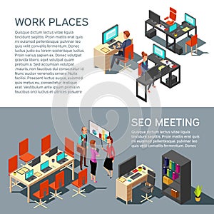 Business banners vector design with isometric workplace modern interior and 3d office people