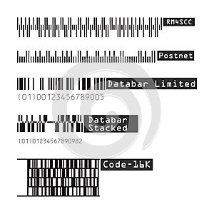 Business barcodes and QR codes vector set. RM4SCC, , Postnet, Databar Limited, Stacked, Code 16K. Black striped code for digital