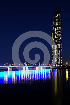 Business Bay Bridge and walk at night with long exposure, Dubai, UAE