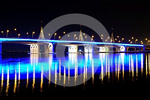 Business Bay Bridge and walk at night with long exposure, Dubai, UAE