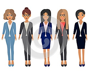 Business beautiful women in office clothes. Brunette, blonde, light brown and chestnut hair. Vector set