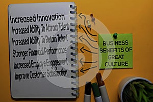 Business Benefits of Great Culture Method text with keywords isolated on white board background. Chart or mechanism concept