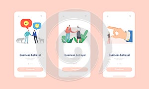 Business Betrayal Mobile App Page Onboard Screen Template. Characters with Knives Shake Hands, Sheep and Wolf Friendship