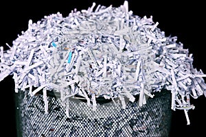 Business, bin and shred of paper, report or top secret in document, information or evidence in waste. Destruction, page