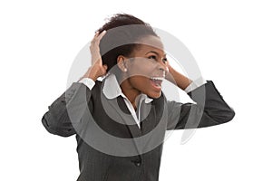 Business: black power woman calling out isolated on white background