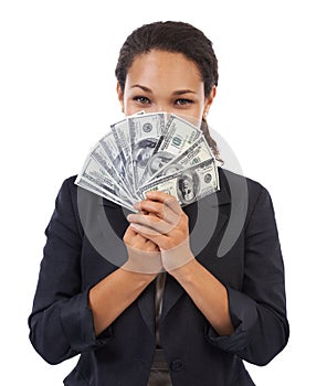 Business black woman, cash with money and dollar in portrait, wealth and corporate finance  on white background