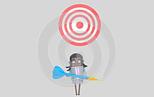 Business black woman holding a big blue dart. Dartboard. Isolated.