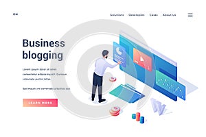 Business blogging. Isometric web banner. Male cartoon character businessman making content for business blog