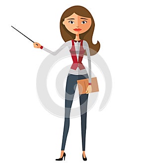 Business blond lady with a pointer. Youngs woman presenting something. Tutor character.