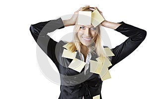 Business blonde woman with both hands on the head