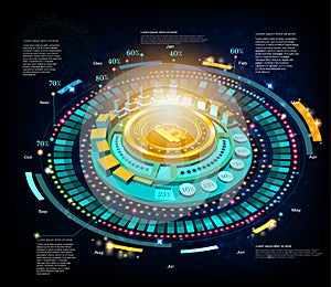 Business blue background with golden bit coin in center of round hightech info graphic