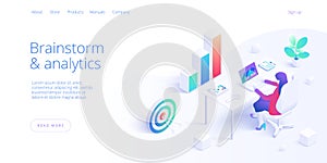 Business brainstorm or analysis isometric vector illustration. Data analytics for company marketing solutions or financial