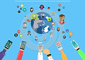 Business brainstorming ideas for using technology to communicate with the global trade. The task, leveraging Notebook, mobile phon