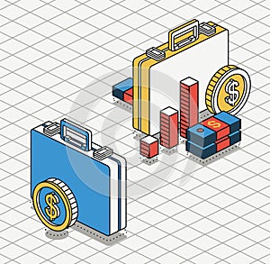 Business briefcase with columns, dollar coin and stack of dollars. Isometric outline concept. 3d objects. Modern brutalism style