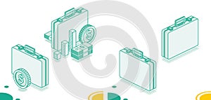 Business briefcase with columns, dollar coin and stack of dollars. Isometric outline concept. Illustration. 3d objects