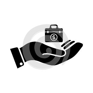 Business, briefcase, hand bag icon. Black vector graphics