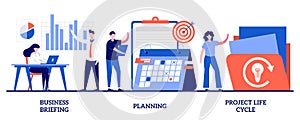 Business briefing, planning, project life cycle concept with tiny people. Project management vector illustration set. Task