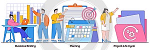 Business briefing, planning, project life cycle concept with tiny people. Project management vector illustration set. Task