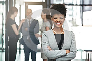 In the business of brilliance. Portrait of a confident young businesswoman standing in a modern office with colleagues