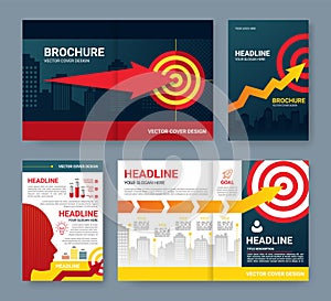 Business brochure. Arrow to goal. Project road flyer. Roadmap to target. Idea for booklet cover. Header text. Workflow