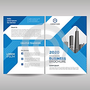 Business brochure cover layout template with blue geometric shapes