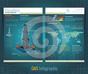 Business brochure or flyer design template with realistic gas rig or oil derrik and information. Vector style