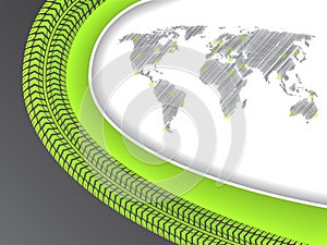 Business brochure with world map in green with tire tread