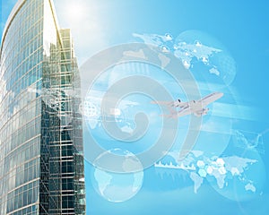 Business building with world map