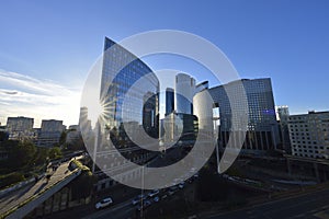 Business buildings at sunset in La Defense