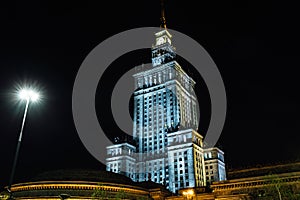 Business buildings of Warshawa of night lights